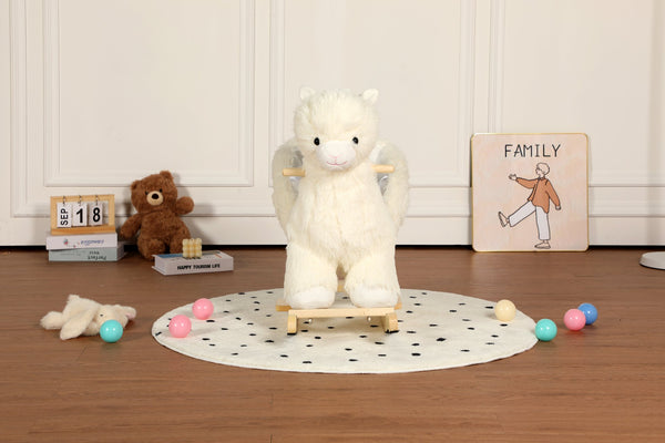 English Elm Kids Alpaca Plush Rocking Toy with Lullaby Sounds Jingle Bells and Safety Belt W3723P374144