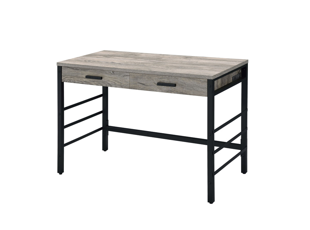 English Elm Disho Light Weathered Oak Writing Desk with USB Ports, 2 Drawers, Black Metal Ladder Base, Industrial Charm B2726P255313