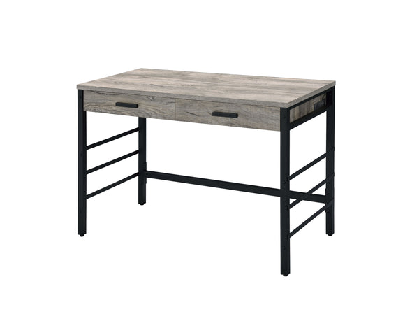 English Elm Disho Light Weathered Oak Writing Desk with USB Ports, 2 Drawers, Black Metal Ladder Base, Industrial Charm B2726P255313