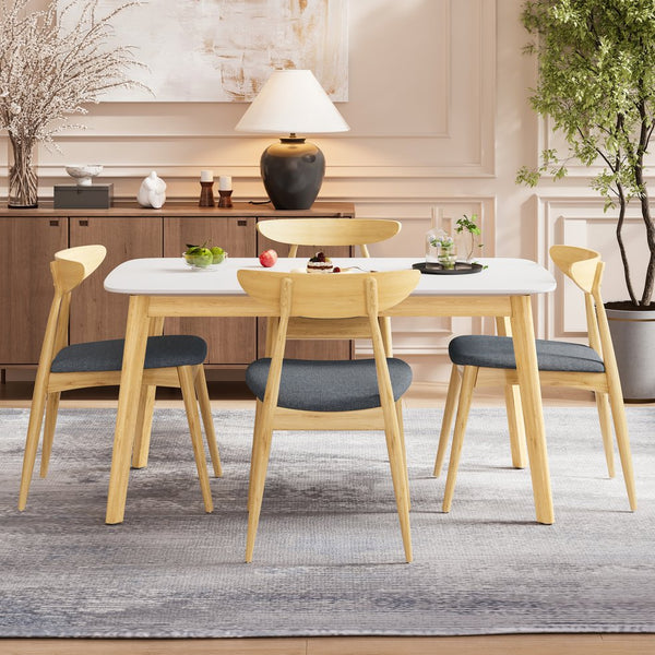 English Elm 5-piece Mid-century Rubberwood Dining Set with Upholstered Chairs for Kitchen or Room Natural+Grey,White Oak N759S003002L