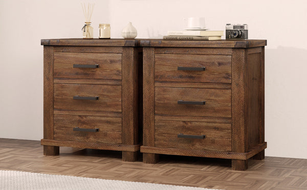 English Elm Rustic Reclaimed Pine Three-Drawer Nightstand Set of 2 – Solid Farmhouse Wood, 66lb Glides, Bronze Handles BS531408AAD