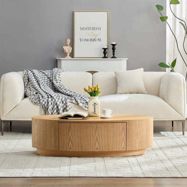 English Elm Modern Oval Mdf Coffee Table with Drawer Natural Matte Finish for Living Rooms W2085P398986