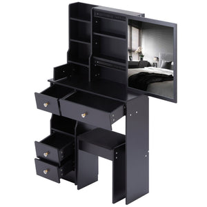 English Elm 29.2" Compact Vanity Table Set With Cushioned Stool & Sliding Mirror - Stylish Storage For Small Spaces W936P202257