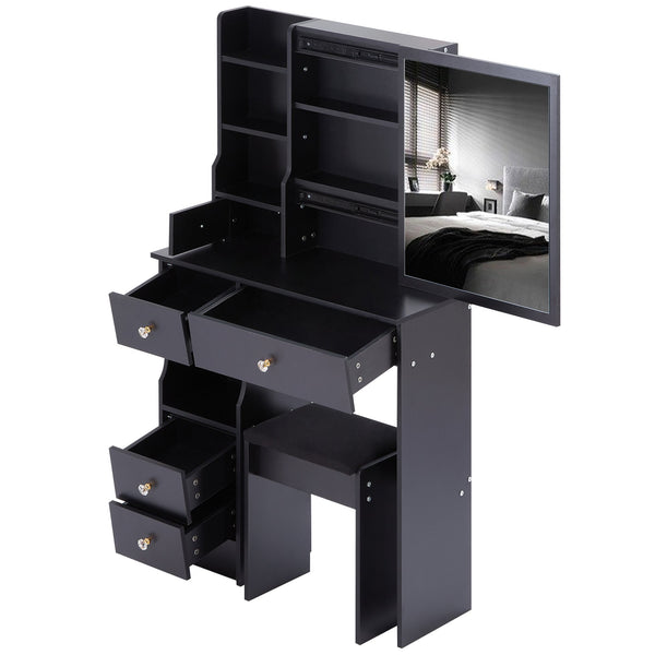 English Elm 29.2" Compact Vanity Table Set With Cushioned Stool & Sliding Mirror - Stylish Storage For Small Spaces W936P202257