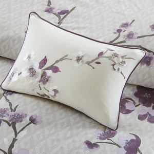 English Elm 8 Piece Cotton Comforter Set Holly Queen - Purple Taupe Floral Diamond Sateen, OEKO-TEX Certified B03596977