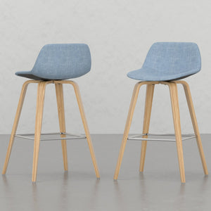 English Elm Harvard Bentwood Counter/Bar Height Stool Set of 2 - Denim Blue Linen-Look Seats, Mid-Century Wood Frame, Chrome Footrest B2732P253615