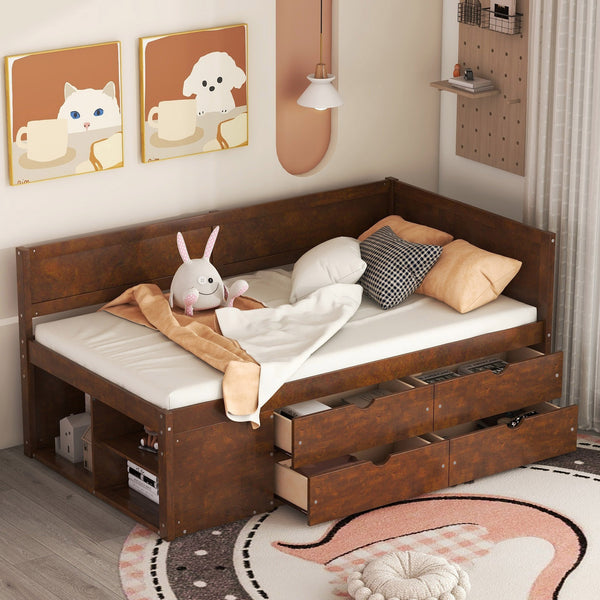 English Elm Twin Daybed with Two Pull Out Drawers and Open Shelves for Small Bedroom Storage Walnut LP102022AAD
