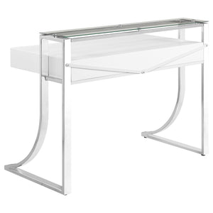 English Elm Serrano Glossy White Writing Desk with Tempered Glass Hutch, Polished Chrome Frame & 2 Drawers — Modern 48" MDF Workspace Perfect for Home Office Elegance B062S00713