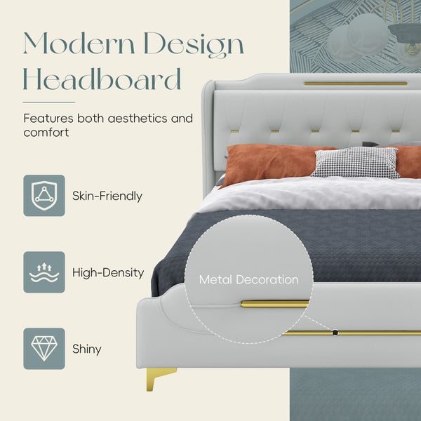 English Elm Christopher Knight Home® - Queen PU Leather Bed with Wingback Headboard & Footboard, Gold Accent Platform, 12 Slats, Sturdy Support Grey 64 L x 21 W x 9.25 H N761P205938H