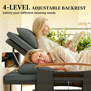 English Elm 4-in-1 Wicker Outdoor Daybed with Acacia Armrests Reclining Loveseat and Storage Ottoman Gray T3971P484825