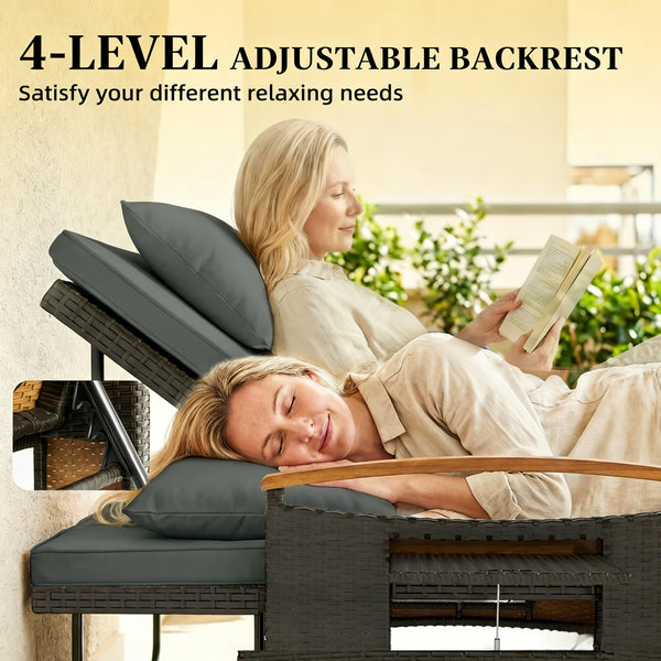 English Elm 4-in-1 Wicker Outdoor Daybed with Acacia Armrests Reclining Loveseat and Storage Ottoman Gray T3971P484825