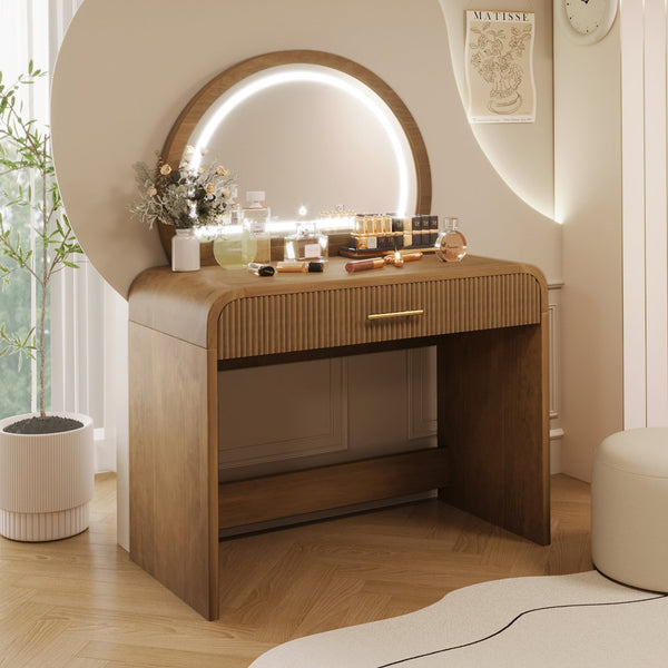 English Elm 39" Makeup Vanity Table with Touchscreen LED Mirror, Sleek Dressing Table with Drawer and Glass Top - Durable Rubberwood, Fast Assembly Espresso N704P196658P