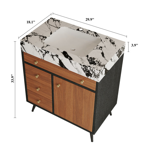 English Elm 29.9" Floating Bathroom Vanity Sintered Stone Top Soft Close Drawers Bronze Gold Hardware Black,Gold,Walnut,White W3136S00044