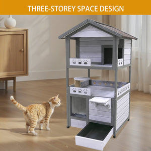 English Elm Three Story Solid Wood Outdoor Cat Villa with Balcony Weatherproof Feral Shelter W1431P284943