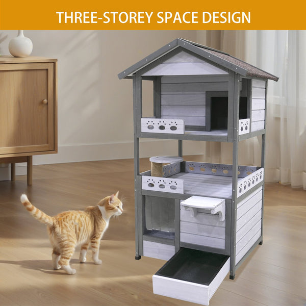 English Elm Three Story Solid Wood Outdoor Cat Villa with Balcony Weatherproof Feral Shelter W1431P284943
