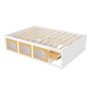 English Elm Queen Storage Platform Bed with Led Lighting Bookshelf Display Cabinet and Pull-out Drawer White+Natural N820S00078K