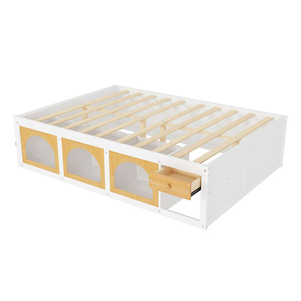 English Elm Queen Storage Platform Bed with Led Lighting Bookshelf Display Cabinet and Pull-out Drawer White+Natural N820S00078K