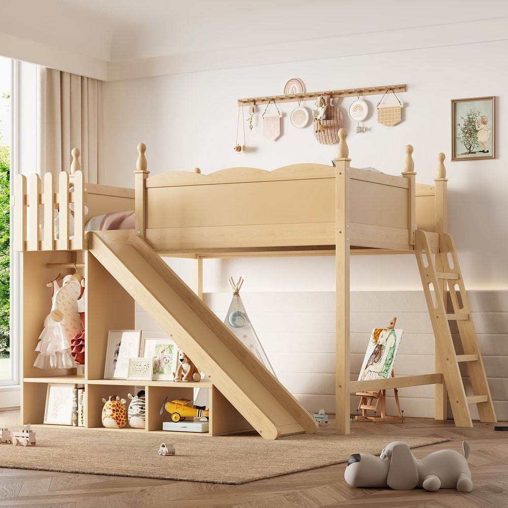 English Elm Twin Loft Bed Solid Pine Frame with Wardrobe Shelving Detachable Slide Kids Room Natural W5305S00022