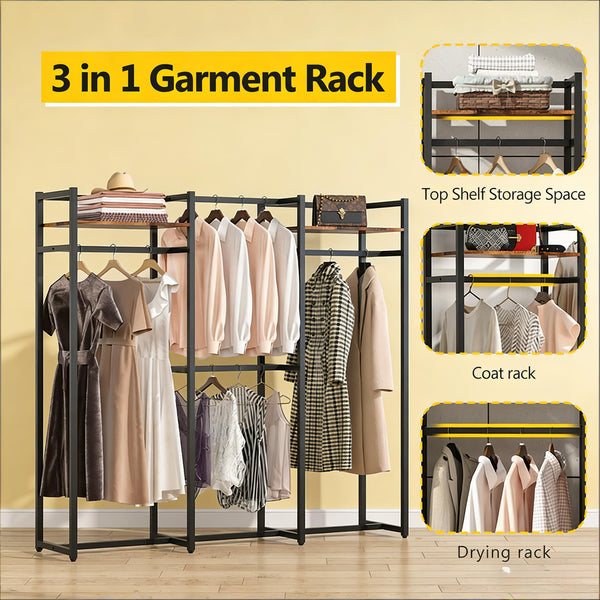 English Elm Portable Freestanding Wardrobe Organizer with Metal Frame and Rustic Shelving for Bedroom T3971P449801