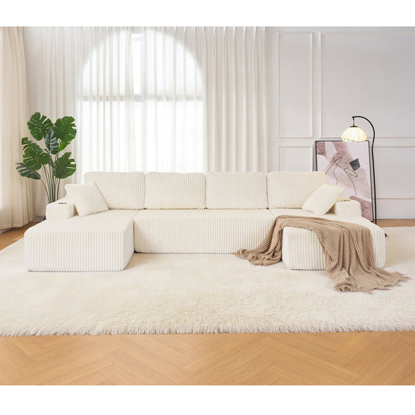 English Elm U-shaped Corduroy Cloud Sectional Sofa with Pocket Springs and Modular Living Room Seating Beige W3366S00004