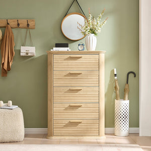 English Elm 6 Drawer Tall Fluted Chest with Waveform Fronts Slim Wooden Storage for Modern Bedroom Oak T5326P425094