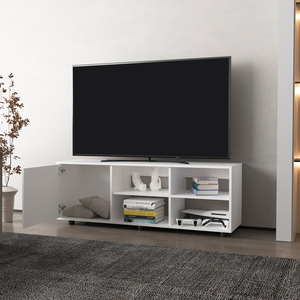 English Elm Roseland White TV Stand with Sliding Door, 4 Open Shelves, Engineered Wood, Modern Minimalist Design B092P269938