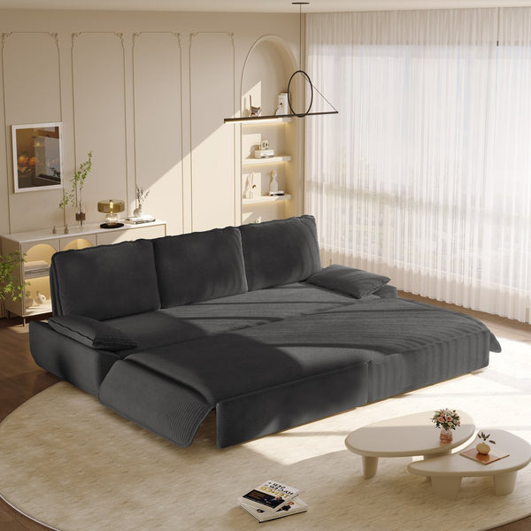 English Elm 94.5" King Convertible Sleeper Sofa Corduroy Upholstered Chaise Lounge Guest Room Bed Grey W1885S00308