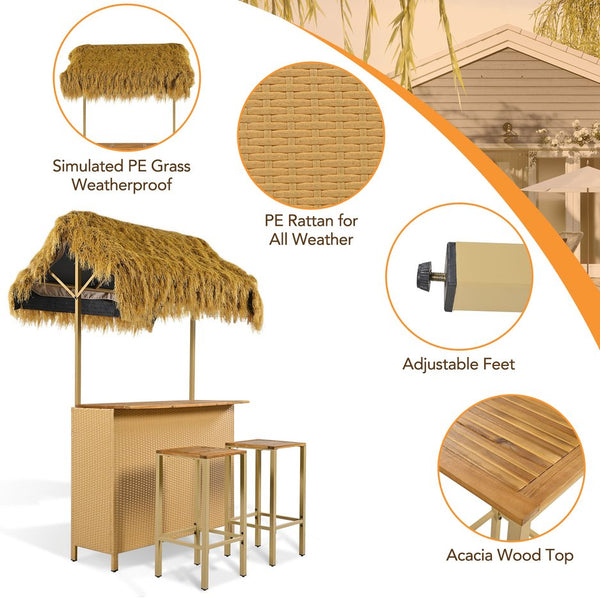 English Elm Go Tropical Tiki Bar Patio Set Acacia Wood Top Pe Wicker Stools with Grass Canopy WF530958AAA