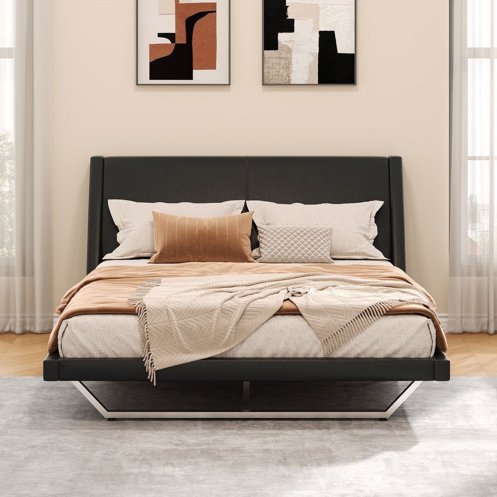 English Elm Queen Pu Leather Platform Bed Sculptural Wave Base Floating Silhouette Modern Bedroom Black N761S0000031B