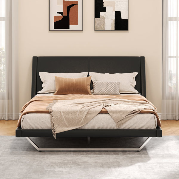 English Elm Queen Pu Leather Platform Bed Sculptural Wave Base Floating Silhouette Modern Bedroom Black N761S0000031B