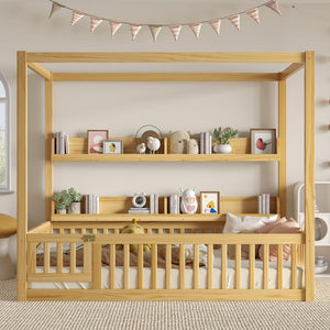 English Elm Full House Floor Bed with Door and Guardrails for Kids, Solid Wood Double Full, Safe Play Nook Natural W1580P359334