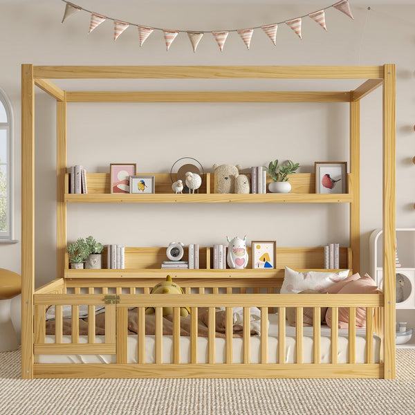 English Elm Full House Floor Bed with Door and Guardrails for Kids, Solid Wood Double Full, Safe Play Nook Natural W1580P359334
