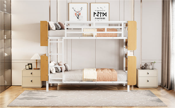 English Elm Twin Metal Bunk Bed with Built-In Headboard Storage and Footboard Shelves, Sturdy Space-Saving Design White SF000176AAK
