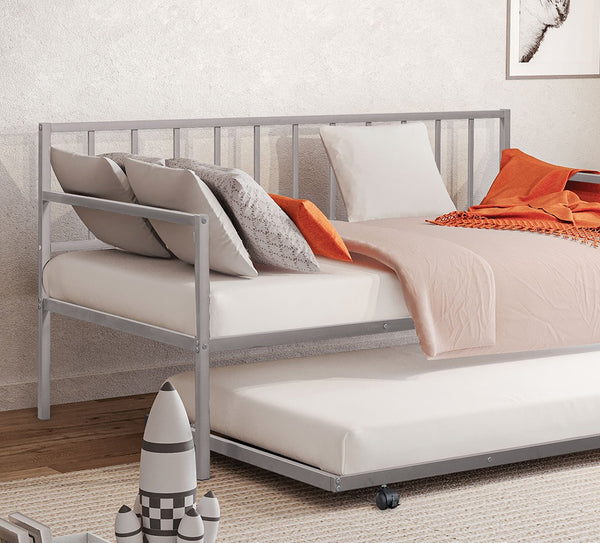 English Elm Silver Sleek Metal Twin Daybed with Built-In Trundle | Contemporary Minimalist Black Frame, Mattress-Ready Silver 76 L x 18 W x 4 H B2741P364412