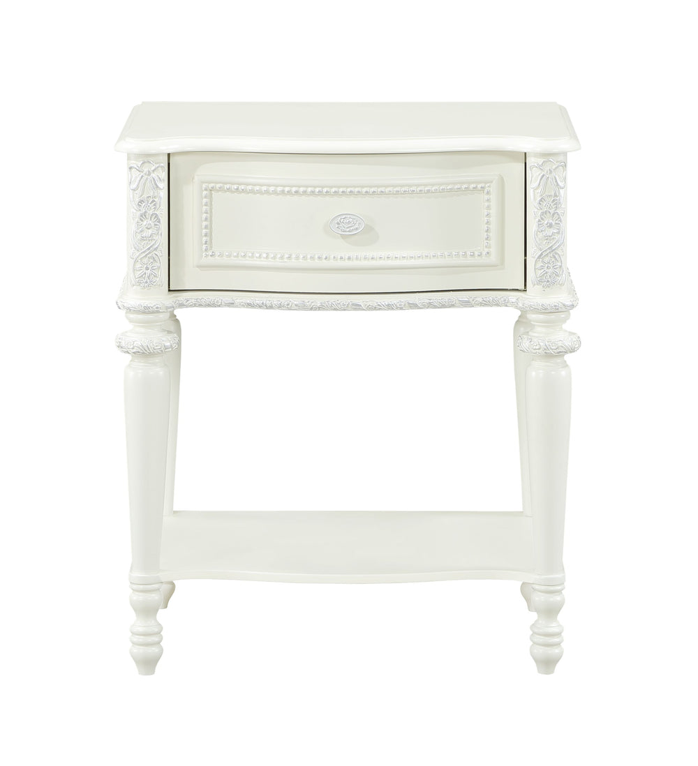 English Elm Dorothy Ivory Finish Nightstand with Tilted Beveled Oval Mirror, 1 Drawer Storage, Transitional Style B2726P361451