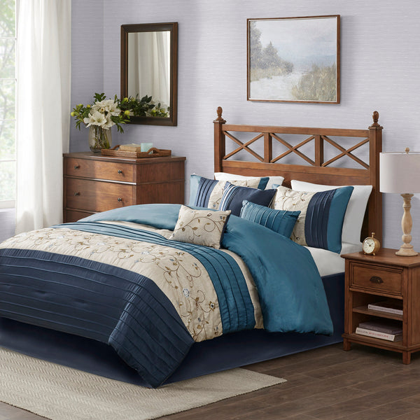 English Elm Embroidered 7-Piece Comforter Set For California King Bed - Luxurious Navy, Floral Design & Pillows B03596946