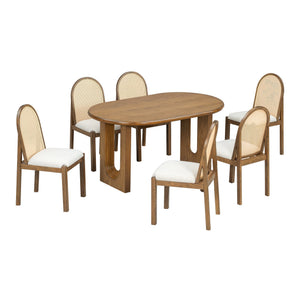 English Elm Trexm Farmhouse Oval Dining Set Seats Six with Rattan Back Chairs Oak Veneer Table Beige,Light Brown ST000157AAP