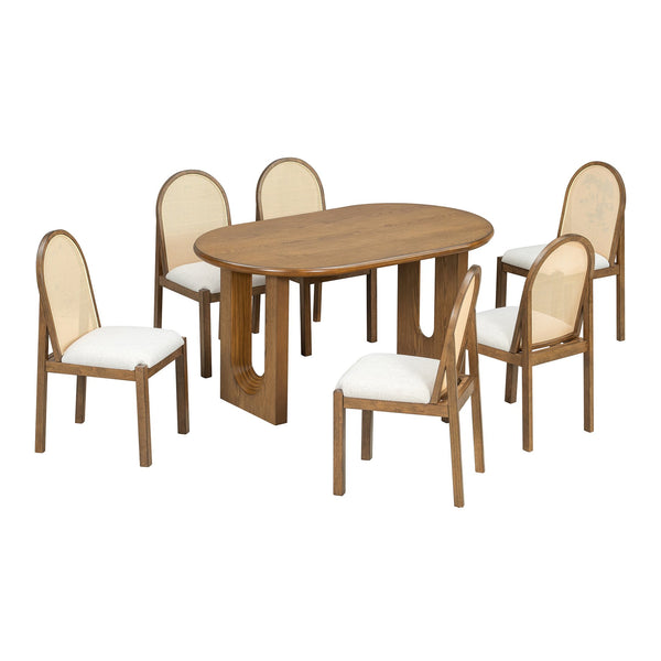 English Elm Trexm Farmhouse Oval Dining Set Seats Six with Rattan Back Chairs Oak Veneer Table Beige,Light Brown ST000157AAP