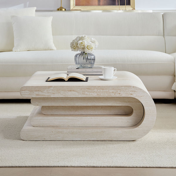English Elm 33.86 Inch Square Faux Travertine Coffee Table Sculptural Tiered Base Living Room W2582P425211