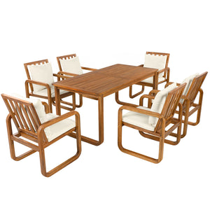 English Elm Outdoor Acacia Wood Dining Set Seats Six with Cushioned Armrest Chairs for Patio Beige,Natural Wood N719Z000200A