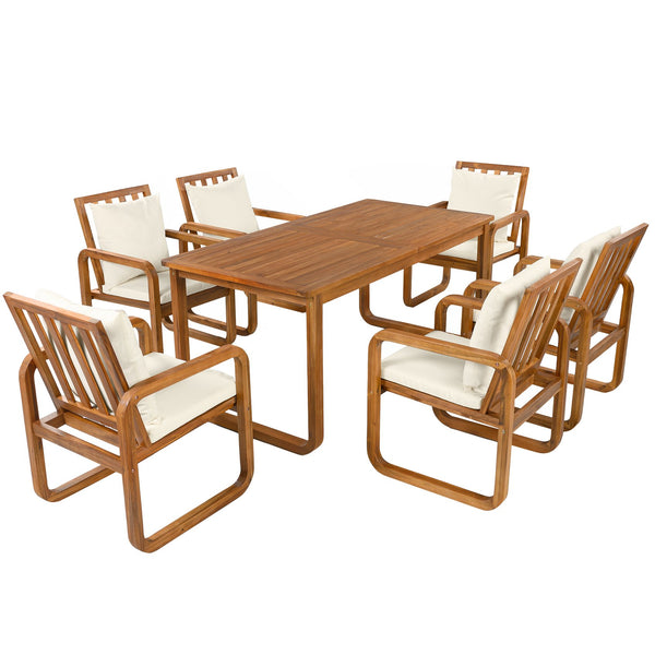 English Elm Outdoor Acacia Wood Dining Set Seats Six with Cushioned Armrest Chairs for Patio Beige,Natural Wood N719Z000200A