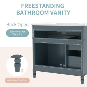 English Elm 36" Modern Bathroom Vanity with Ceramic Sink, Solid Wood + MDF Frame, Sleek Freestanding Design Blue N725P195410C