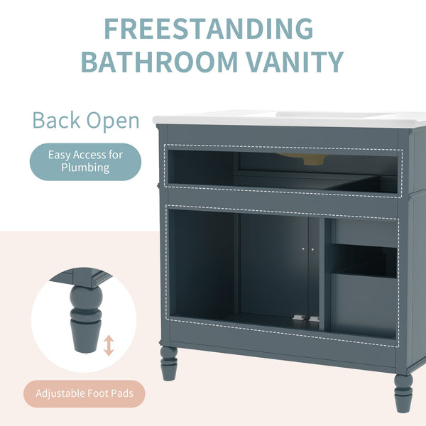 English Elm 36" Modern Bathroom Vanity with Ceramic Sink, Solid Wood + MDF Frame, Sleek Freestanding Design Blue N725P195410C