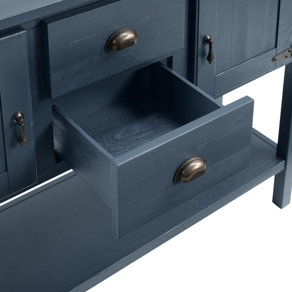 English Elm 46'' Solid Pine Retro Buffet Server with Iron Hardware Drawers Cabinets and Open Shelf Navy Blue W1202P457252