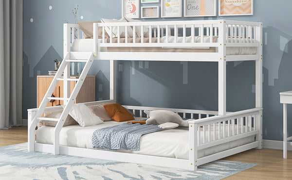 English Elm Twin Twin XL over Queen bunk bed with ladder and guardrails, sturdy pine MDF frame for small rooms White GX000464AAK
