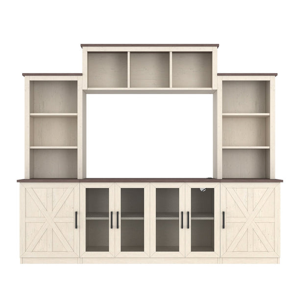 English Elm Wall Unit Entertainment Center with Built in Charging Mdf Media Console Open Shelving Beige W1580S00436