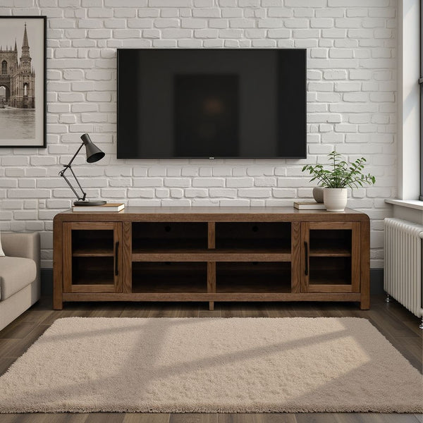 English Elm Haven 82" Fully Assembled Tv Stand With Glass Doors, Stylish Oak Bourbon Finish For Tvs Up To 90" B108P364415