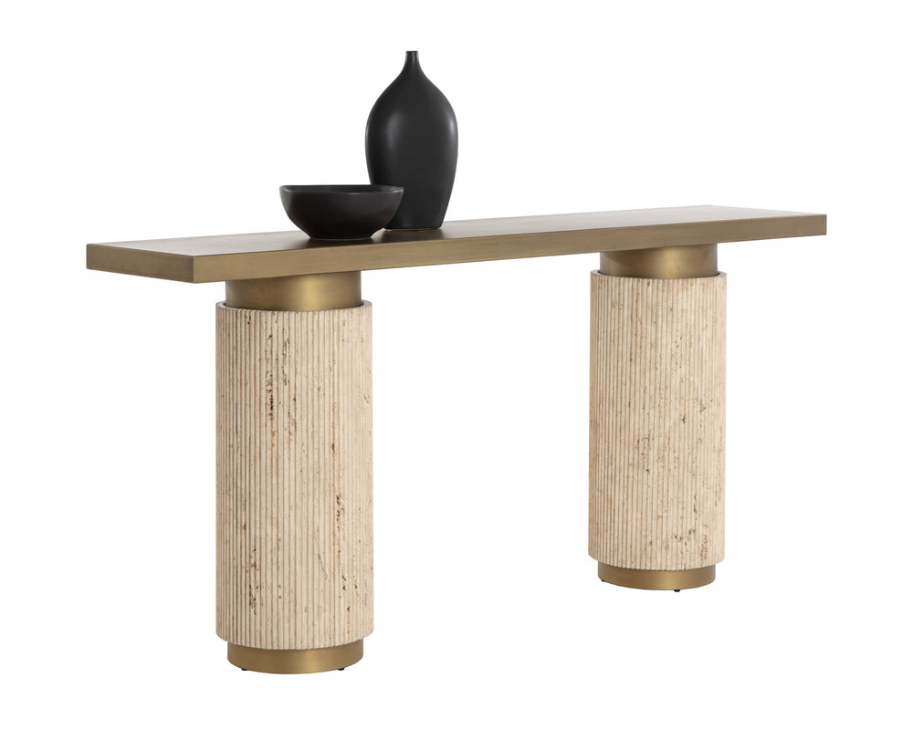 Sunpan Ashva Console Table - Timeless Greek-inspired Design With Reeded Travertine And Antique Brass Finish Gold Iron 111821