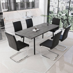 English Elm 55.12-70.87" Expandable Square Dining Set Seats Six with Cushioned Faux Leather Chairs Black+Grey W2189S00906