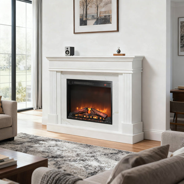 English Elm 44" White Mantel Electric Fireplace Nordic Style with 3d Flame for Living Room W1769S00015